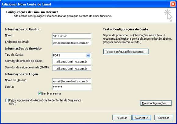Configuração de E-mail (Microsoft Outlook 2007) - NÃO RECOMENDADO